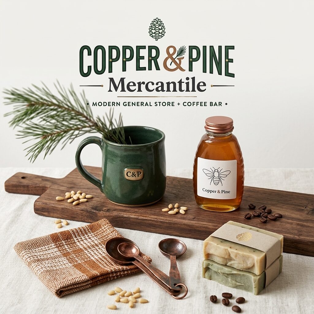 Copper and Pine flat-lay: green C and P mug, honey jar, copper spoons, plaid cloth, and artisan soaps