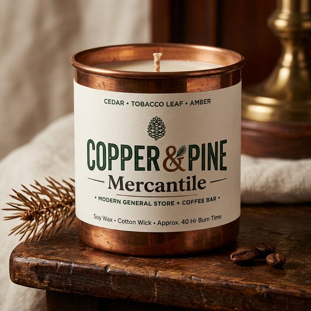 Copper-vessel soy candle labeled cedar, tobacco leaf, and amber on reclaimed wood