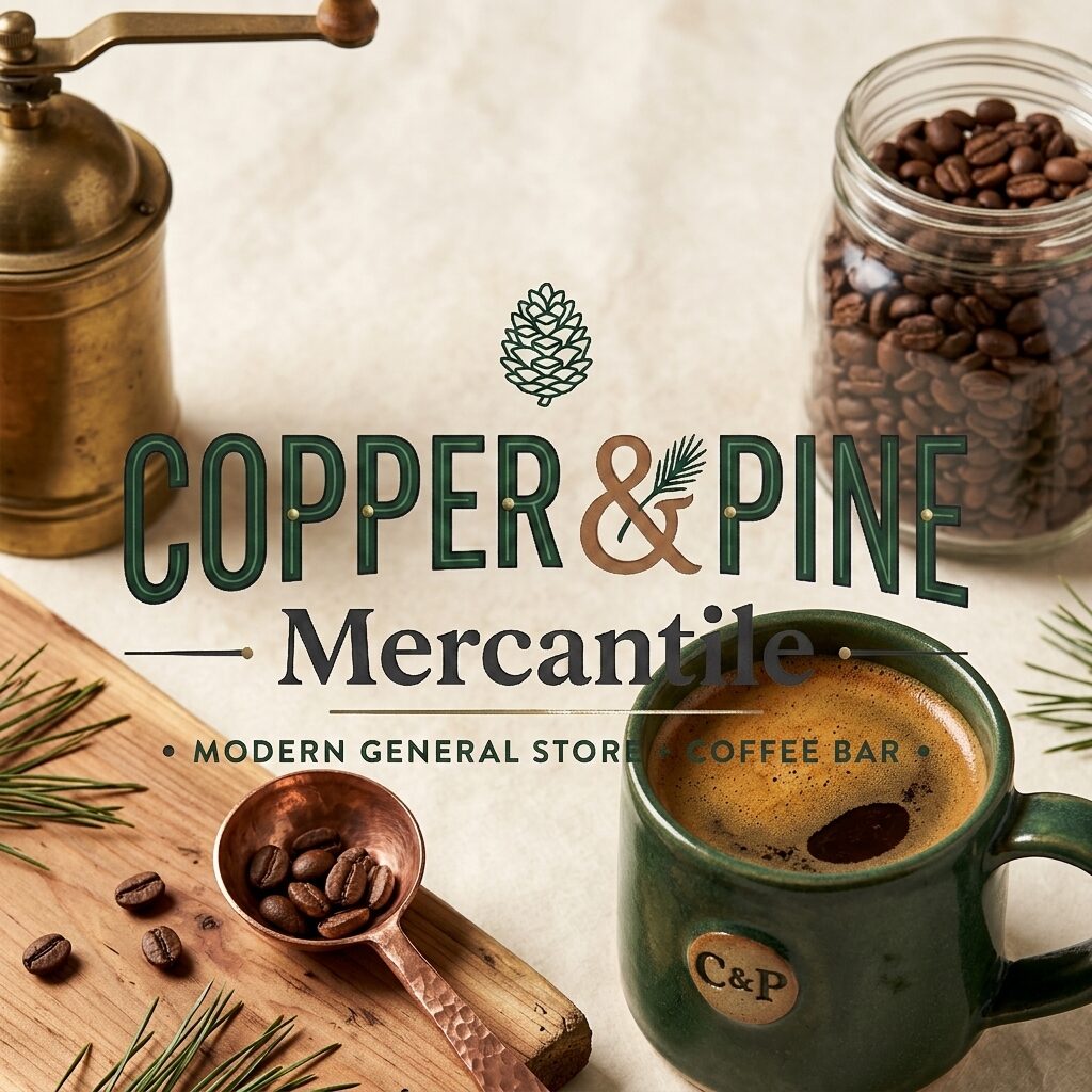 Coffee still life: espresso in the green C and P mug with a copper scoop, bean jar, and brass grinder